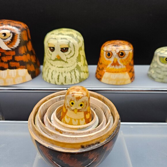 Vintage Owl Family Nesting Dolls Enesco Wooden Hand Painted 5pc Set Kitschy - Picture 6 of 14